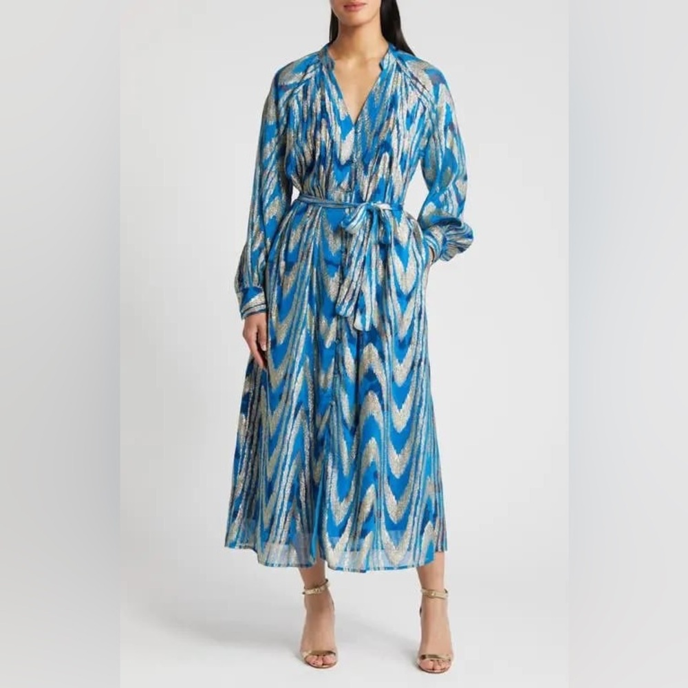 Ciebon Seneca Metallic Long Sleeve Midi Shirt Dress - Ocean